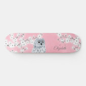 Owl Pink Glitter Cherry Blossom Monogram Persoonlijk Skateboard (Horizontaal)