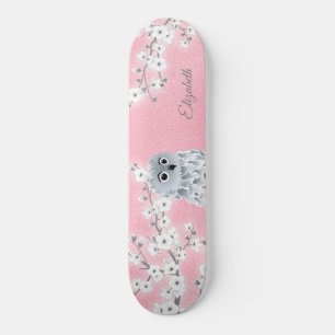Owl Pink Glitter Cherry Blossom Monogram Persoonlijk Skateboard