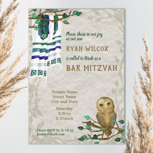 Owl, Prayer Tallit, Green Bar Mitzvah Uitnodiging