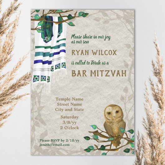 Owl, Prayer Tallit, Green Bar Mitzvah Uitnodiging