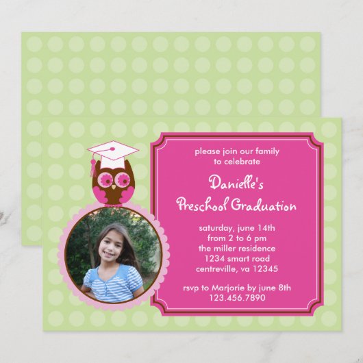 Owl Preschool Afstuderen Fotouitnodiging Kaart (Voorkant / Achterkant)