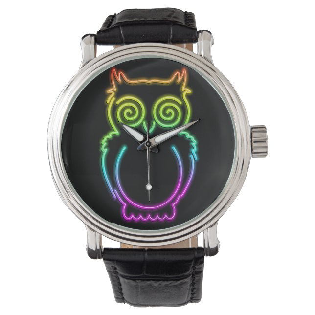 Owl Psychedelic Neon Light Button Horloge (Voorkant)