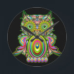Owl Psychedelic Pop Art Ronde Klok<br><div class="desc">Owl oorspronkelijk gecreeerd op Grafische VectorTechniek. Elk klein stuk, zoals in een Puzzle, is eerst samengevoegd om de meerkleurige cirkels en de meerkleurige druppels samen te stellen; dan zijn elke druppel en cirkel geduldig samengevoegd om de hele Owl samen te stellen. Dit ontwerp valt onder BluedarkArt Copyright.</div>