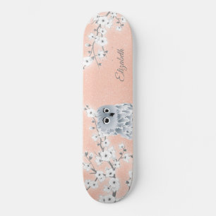 Owl Roos Gold Glitter Cherry Blossom Monogram Persoonlijk Skateboard