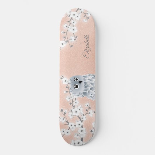 Owl Roos Gold Glitter Cherry Blossom Monogram Persoonlijk Skateboard (Voorkant)