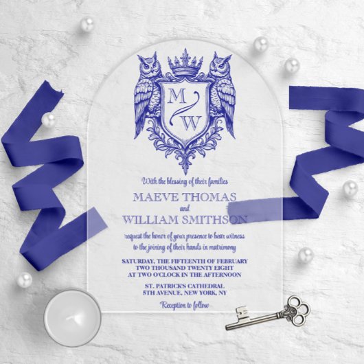 Owl Royal Crest Monogram Arch Wedding Invitation Acryl Uitnodigingen