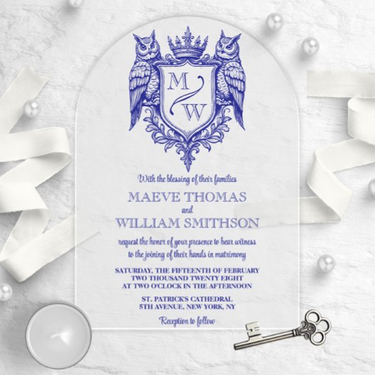 Owl Royal Crest Monogram Arch Wedding Invitation Acryl Uitnodigingen
