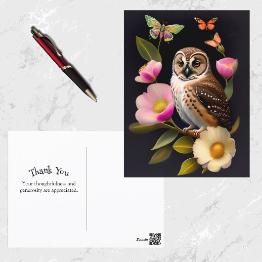 Owl roze Floral Butterflies Illustratie Briefkaart
