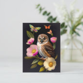 Owl roze Floral Butterflies Illustratie Briefkaart (Staand voorkant)