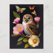 Owl roze Floral Butterflies Illustratie Briefkaart (Voorkant)
