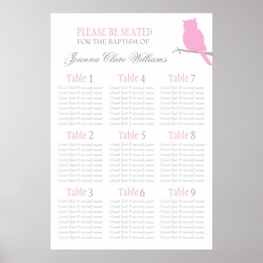 Owl roze grijze gebeurteniszitplaats plan 1-9 poster (Voorkant)