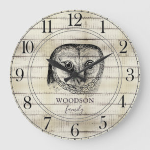 Owl Rustic Light Wood Family Name Large Clock Grote Klok