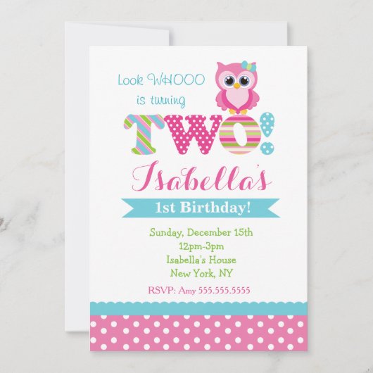 Owl Second Birthday Party Invitations Kaart (Voorkant)