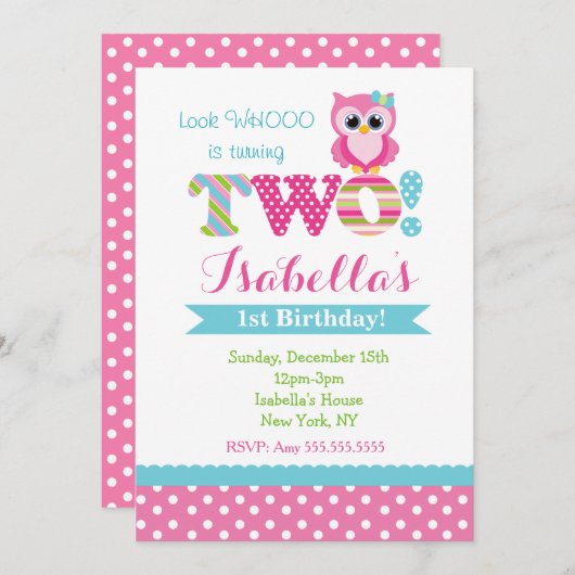 Owl Second Birthday Party Invitations Kaart (Voorkant / Achterkant)