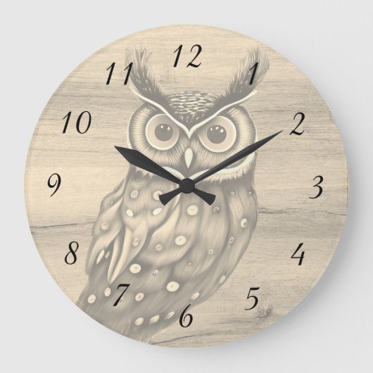 Owl Sepia Beige Wood Rustige cijfers Grote Klok (Voorkant)
