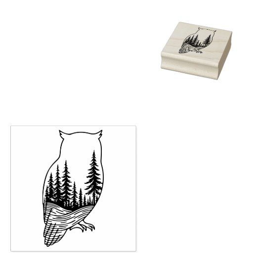 Owl Silhouette with Forest Scene Rubberstempel (Gestempeld)