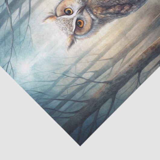 Owl Sitting on a Large Branch in the Misty Forest Tissuepapier (Detail)