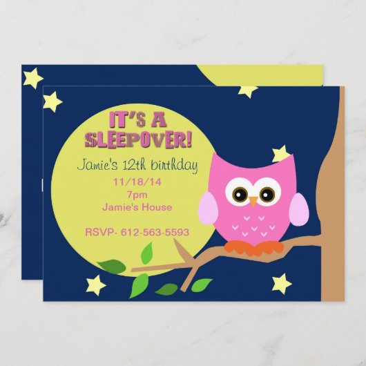 Owl Sleepover Invite Kaart (Voorkant / Achterkant)