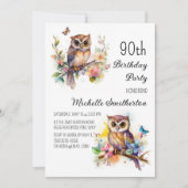 Owl Spring Flowers Butterflies 90th Birthday Kaart (Voorkant)