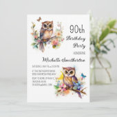 Owl Spring Flowers Butterflies 90th Birthday Kaart (Staand voorkant)