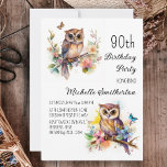 Owl Spring Flowers Butterflies 90th Birthday Kaart<br><div class="desc">Op de uitnodiging van het 90ste verjaardagsfeest met schilderijen van een schattige uil die onder bloesems in de takken van een boom zit. Neem contact met mij op voor hulp bij uw aanpassingen of om aanvullende Zazzle-producten aan te vragen of te coördineren voor uw viering.</div>