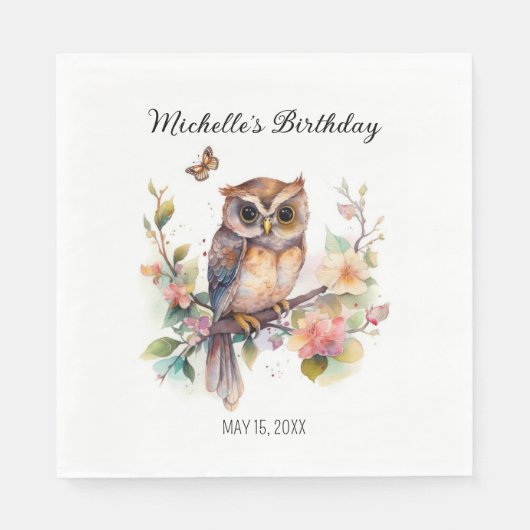 Owl Spring Flowers Butterflies Happy Birthday Name Servet (Voorkant)
