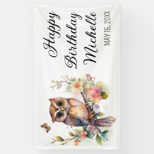 Owl Spring Flowers Butterflies Happy Birthday Name Spandoek (Verticaal)