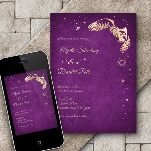 Owl Stars Wizard Paars Magic Wedding Kaart