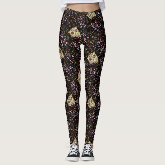Owl Suikerschedel en roze Paarse blauwe mint Leggings (Voorkant)
