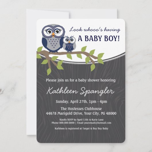 Owl Theme Baby shower Invitation Kaart (Voorkant)