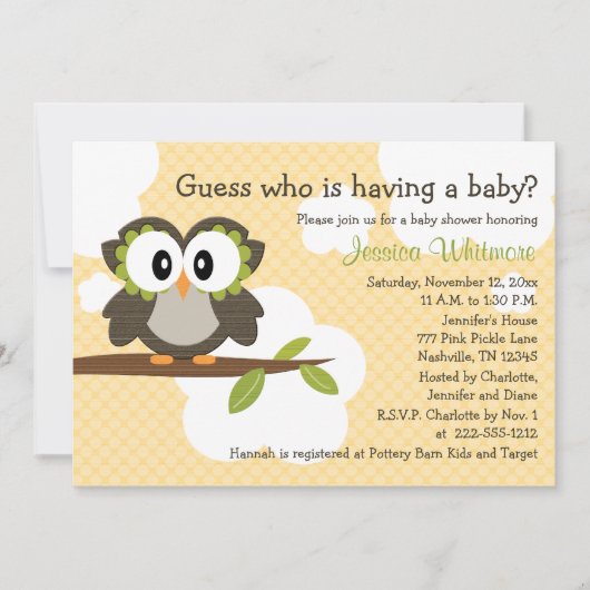 Owl Thleing Baby shower nodigt gele uitnodigingen  (Voorkant)
