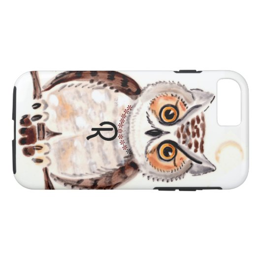 Owl Tile Art Whimsical Monogram op Ketting Case-Mate iPhone Case (Achterkant (Horizontaal))