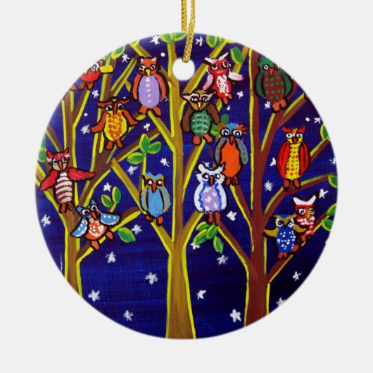 Owl Tree Fun Folk Art Round Ornament (Voorkant)
