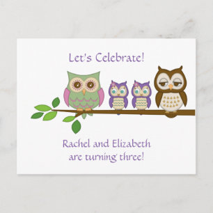 Owl Twins Birthday Party Invite Uitnodiging Briefkaart