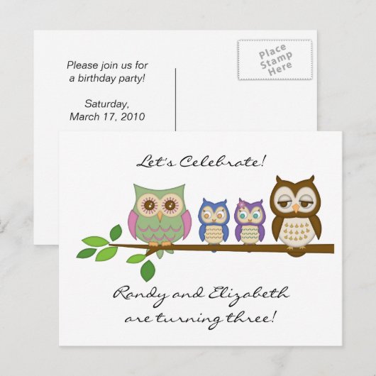 Owl Twins Verjaardag Kaart (Voorkant / Achterkant)