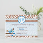Owl Uitnodiging Baby Boy Shower Blue Brown Zebra (Staand voorkant)