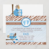 Owl Uitnodiging Baby Boy Shower Blue Brown Zebra (Voorkant / Achterkant)