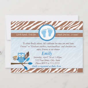 Owl Uitnodiging Baby Boy Shower Blue Brown Zebra