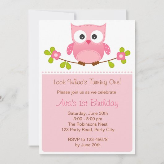 Owl Uitnodiging - Meisje 1st Birthday / Baby showe (Voorkant)