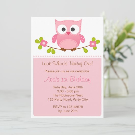 Owl Uitnodiging - Meisje 1st Birthday / Baby showe (Staand voorkant)
