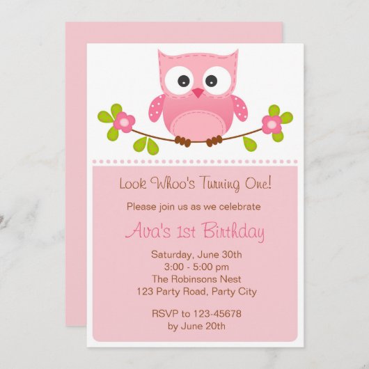 Owl Uitnodiging - Meisje 1st Birthday / Baby showe (Voorkant / Achterkant)