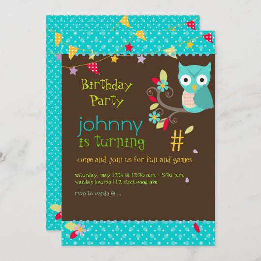 Owl, uitnodigingen van verjaardagsfeestjes (Voorkant / Achterkant)