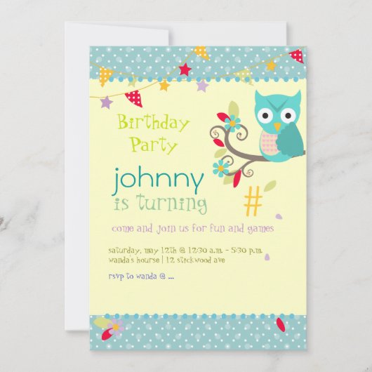 Owl, uitnodigingen van verjaardagsfeestjes (Voorkant)