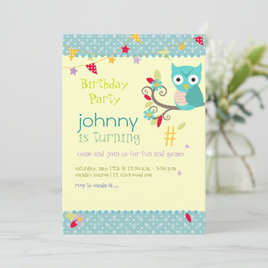 Owl, uitnodigingen van verjaardagsfeestjes (Staand voorkant)