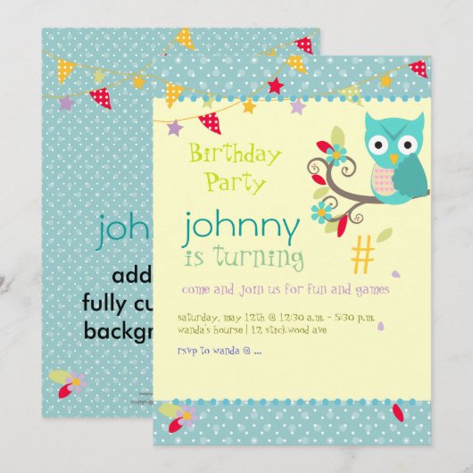 Owl, uitnodigingen van verjaardagsfeestjes (Voorkant / Achterkant)