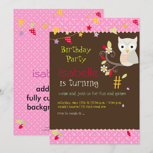 Owl, uitnodigingen van verjaardagsfeestjes (Voorkant / Achterkant)