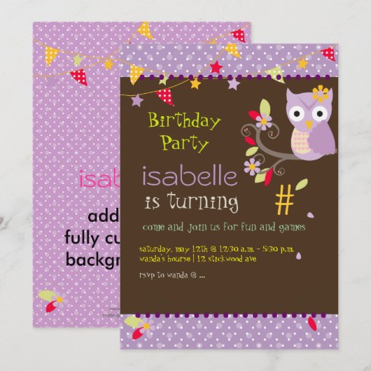 Owl, uitnodigingen van verjaardagsfeestjes (Voorkant / Achterkant)