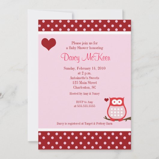 Owl Valentijnsdag Heart Baby shower Invitation Kaart (Voorkant)
