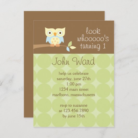Owl verjaardagsfeestje uitnodiging (Voorkant / Achterkant)