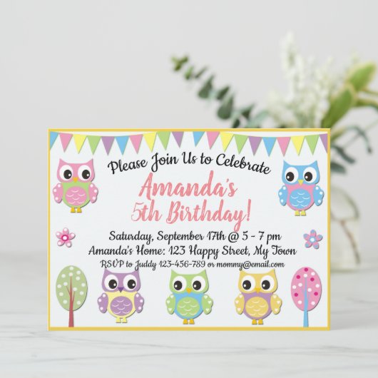 Owl verjaardagsuitnodiging kaart (Staand voorkant)